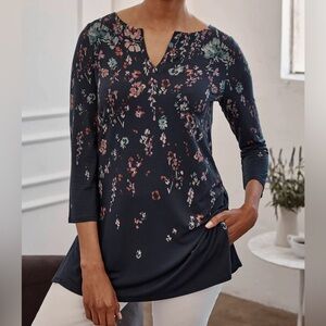J.jill Wearever Split-neckline Tunic In Inkwell Falling Floral Navy Size X-Large